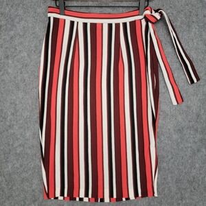 Express Skirt Womens 4 Burgundy Coral White Striped Bow Pencil Knee Length Lined